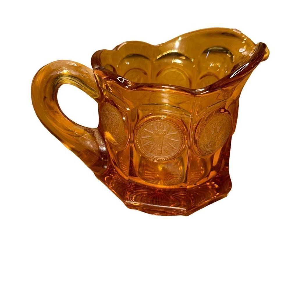 Vintage Amber Fostoria Coin Glass Creamer Pitcher 1887 Over Eagle accent